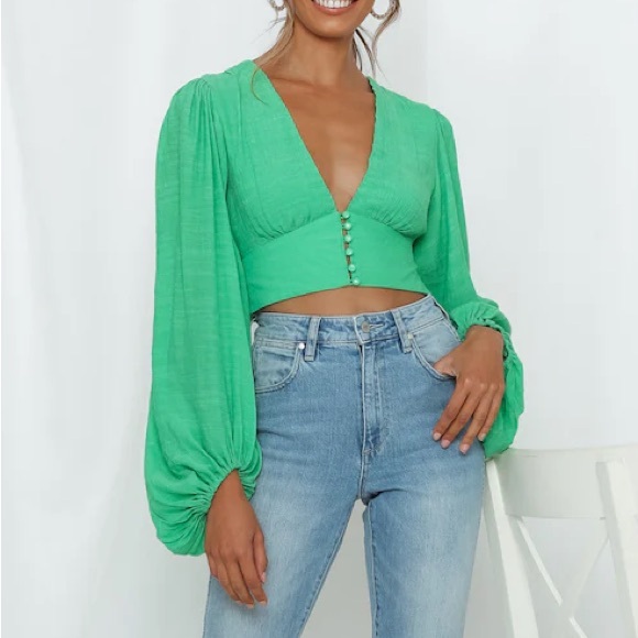Hello Molly Long Sleeve Cropped Balloon Sleeve V-Neck Blouse - Picture 2 of 9